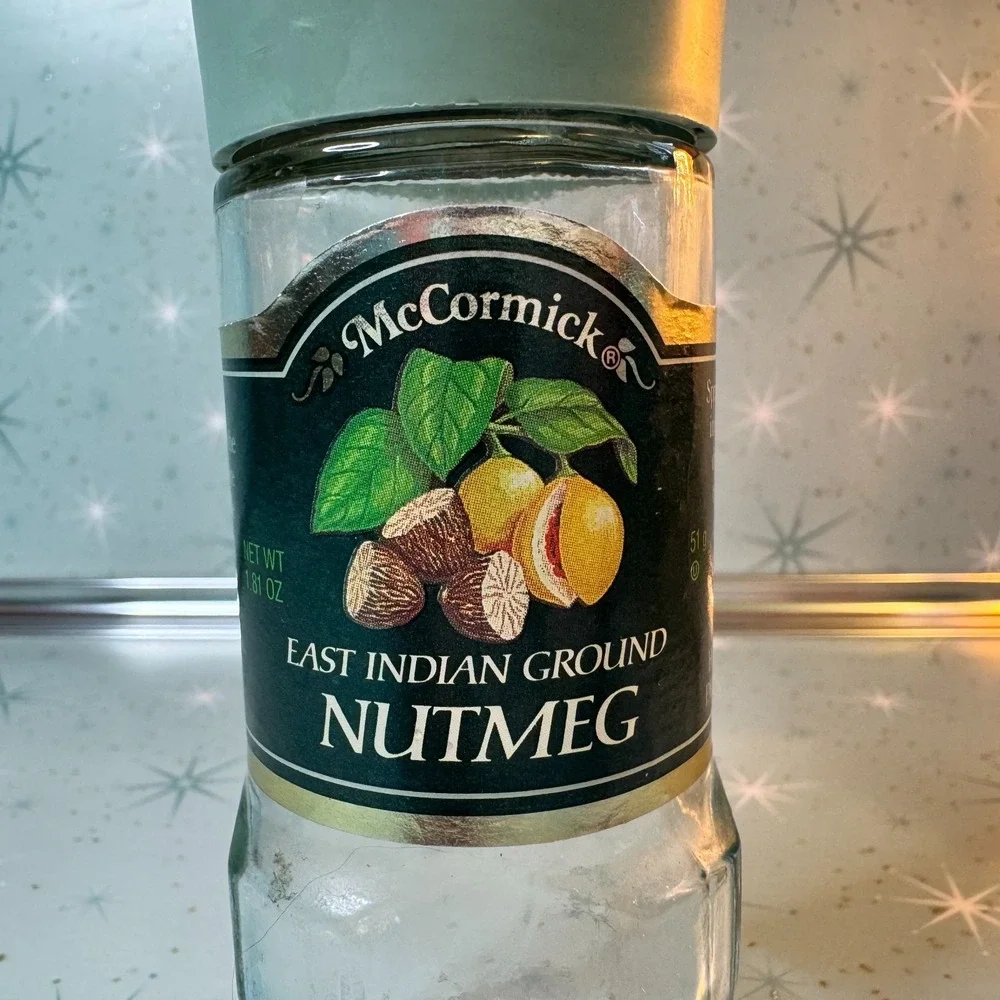 Vintage McCormick Nutmeg Jar Green Label & Lid Glass‎ Spice Bottle Retro Kitchen